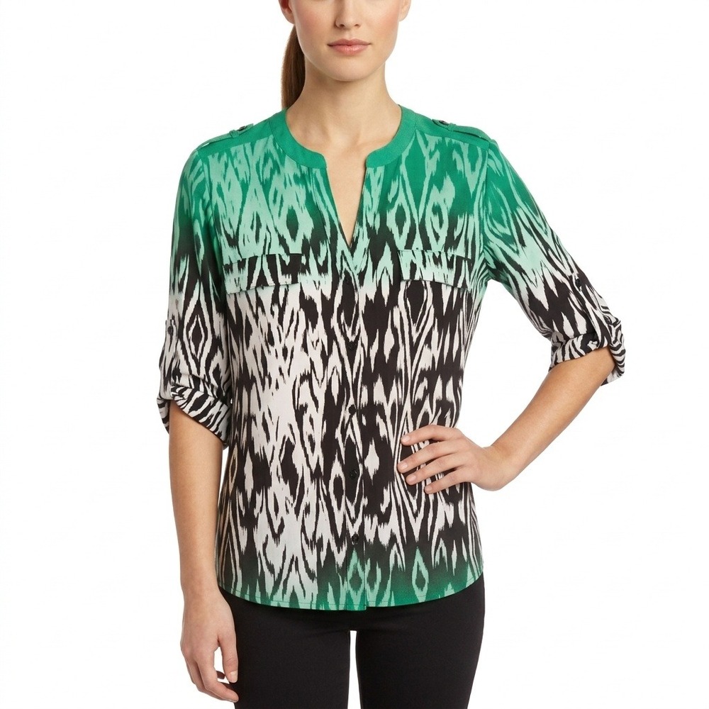 Calvin Klein Blouse Womens XL Green Black Ikat Print Roll Tab Sleeve V Neck